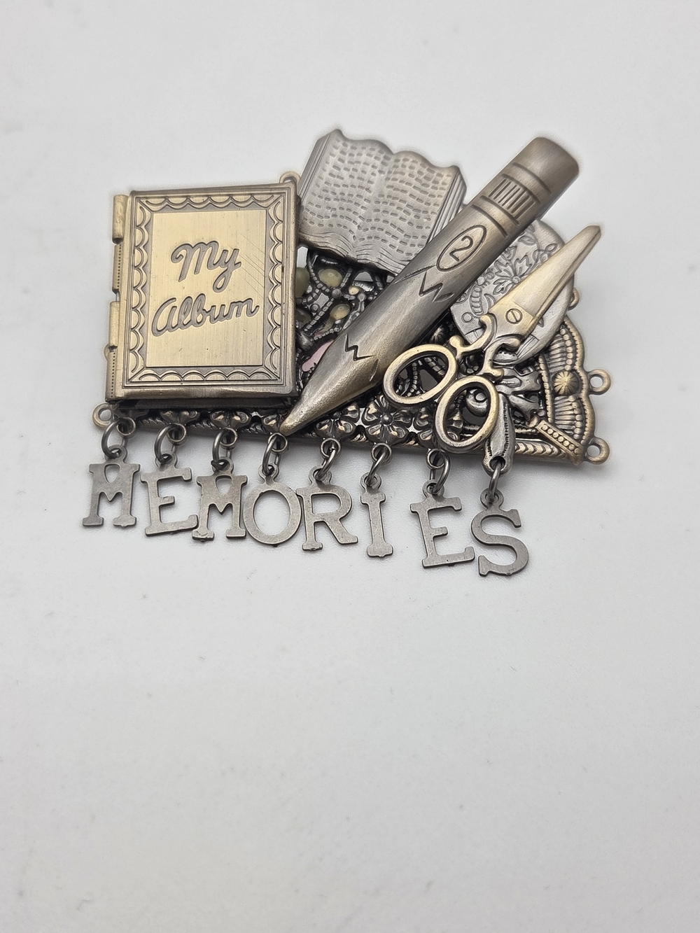Vintage Scrapbooking Crafts Brooch Pin My Album Scissors Memories Dangle Charms